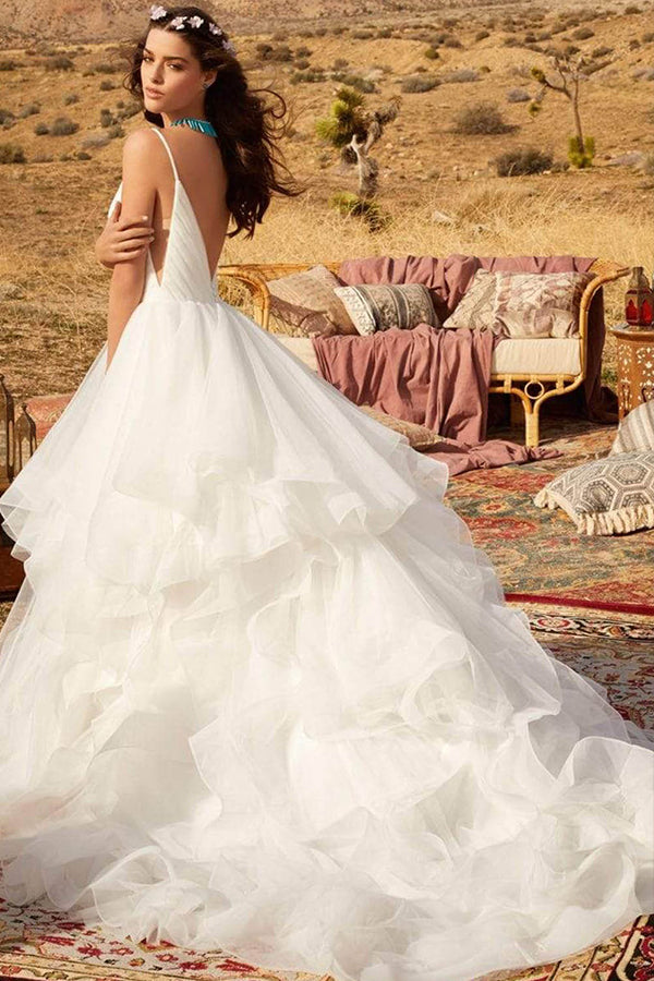 V-Neck Wedding Dress with Ruffles Tulle & Spaghetti Straps