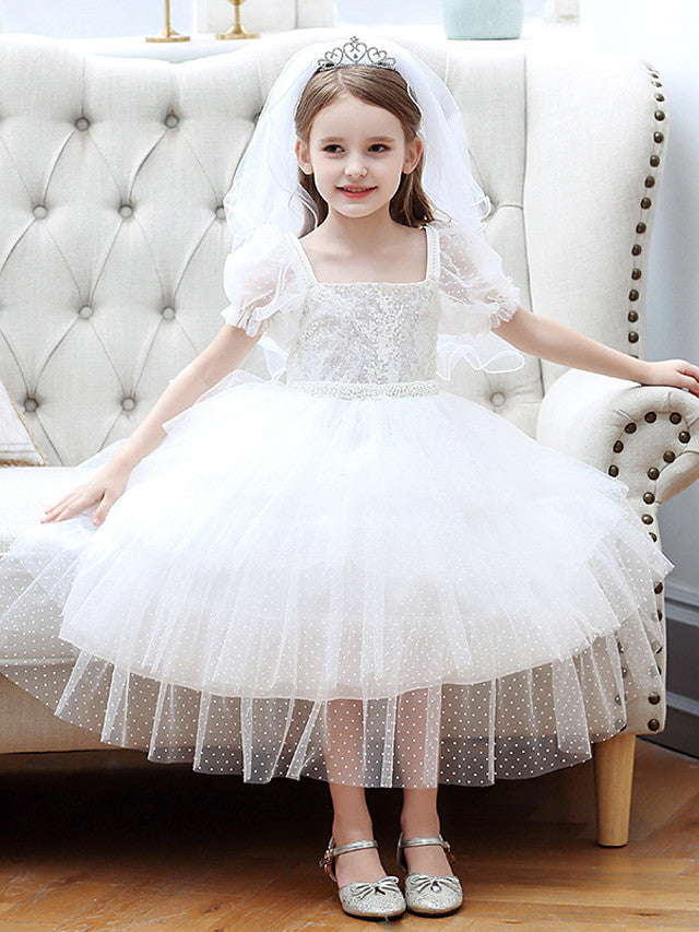 Short Sleeve Square Neck Ball Gown With Cascading Ruffles - Flower Girl Dress Tulle