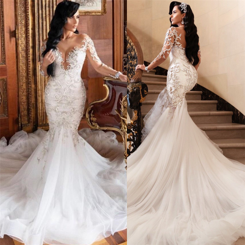 Long Sleeves Lace Applique Mermaid Wedding Dress