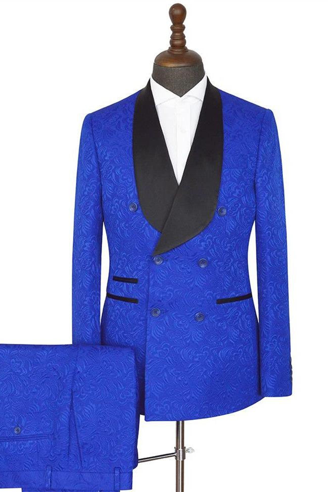 Royal Blue Shawl Lapel Easy Fit Double Breasted Jacquard Wedding Suits