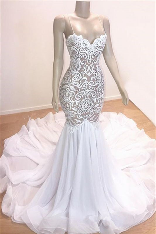 Long Spaghetti-Straps Wedding Dress With Lace for Mermaid Look