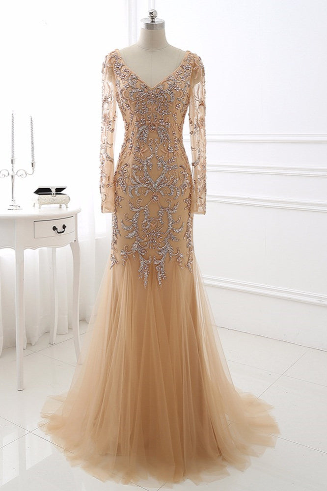 Beautiful Champagne V-Neck Evening Dress with Beadings and Rhinestones