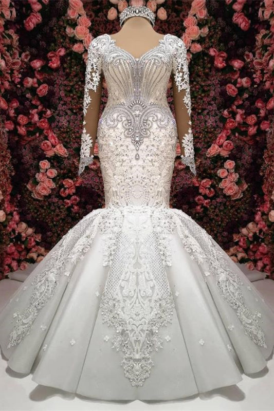 Sweetheart Long Sleeves Elegant Lace Appliques Mermaid Wedding Dress with Beadings