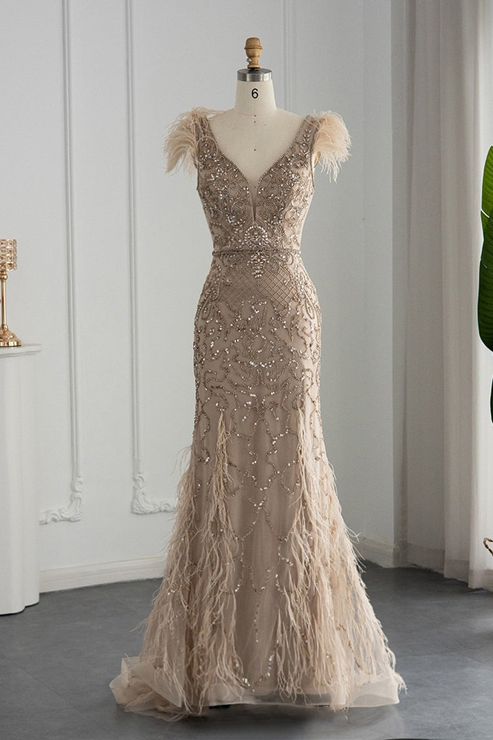 Luxury V Neck Mermaid Evening Dress with Feathers Appliques