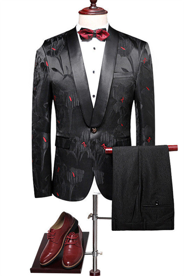 2 Pieces Black Jacquard Slim Fit Prom Suit for Men