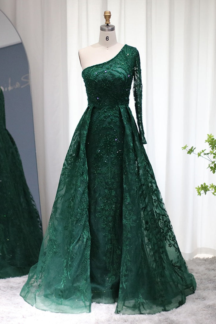 Emerald One Shoulder Long Sleeves Tulle Prom Dress with Diamond Appliques