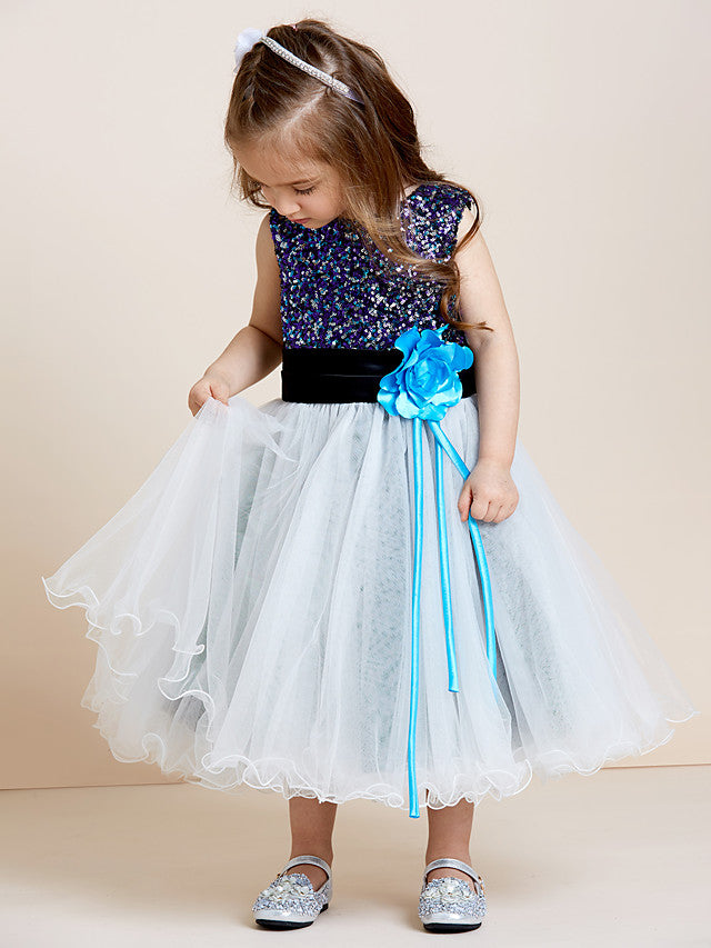 A-Line Tea Length Tulle & Sequined Sleeveless Jewel Neck Dress with Sash Ribbon Sequin Draping and Mini Me