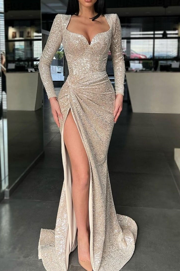 Sparkling Long Sleeves Split Evening Dress Mermaid With Sequins