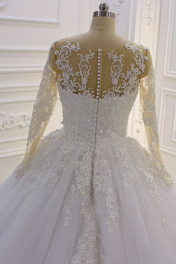 Gorgeous Bateau Long Sleeves Lace A-Line Wedding Dress with Pearl Tulle Appliques