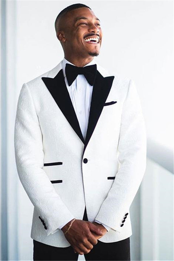 Popular White Jacquard Peaked Lapel Groom Suit Online