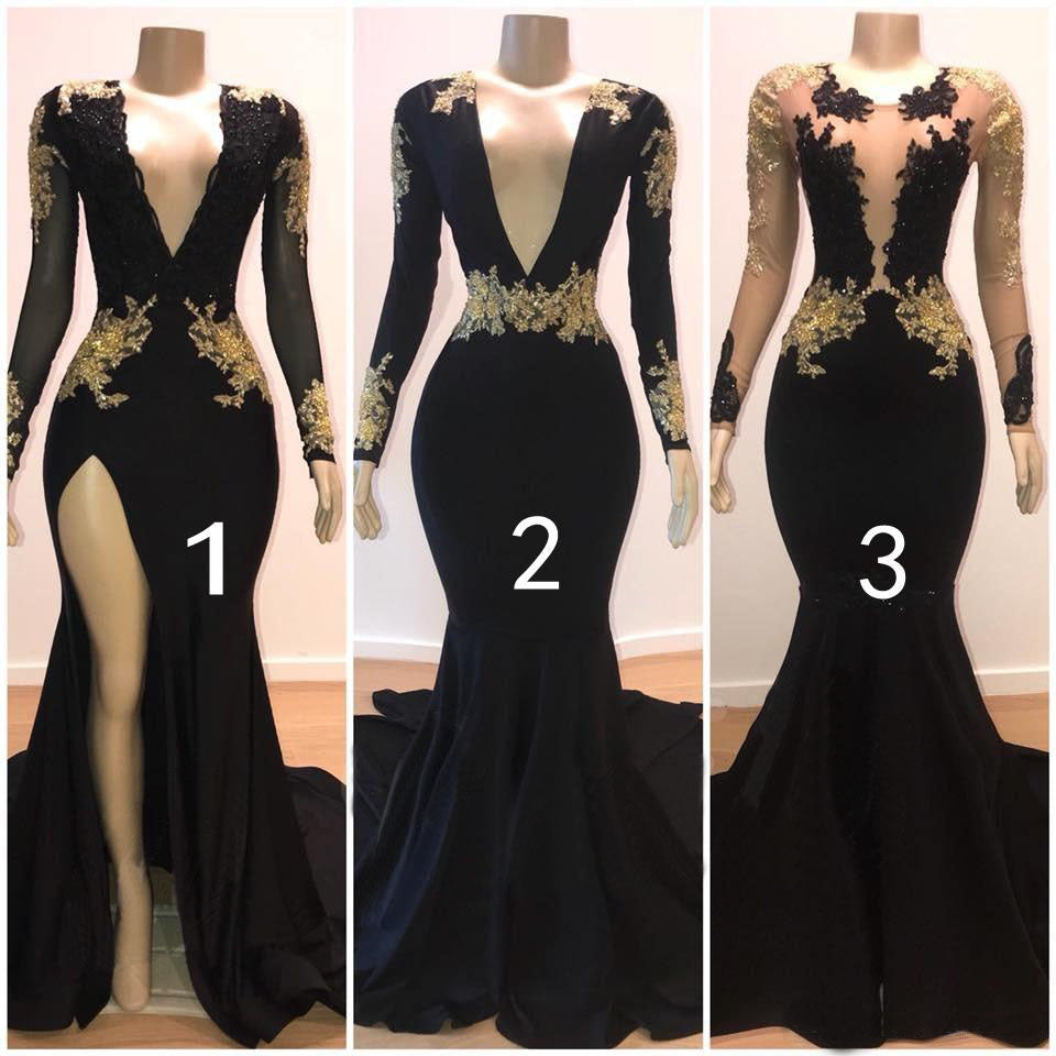 Black Prom Dress with Gold Appliques Long Sleeves