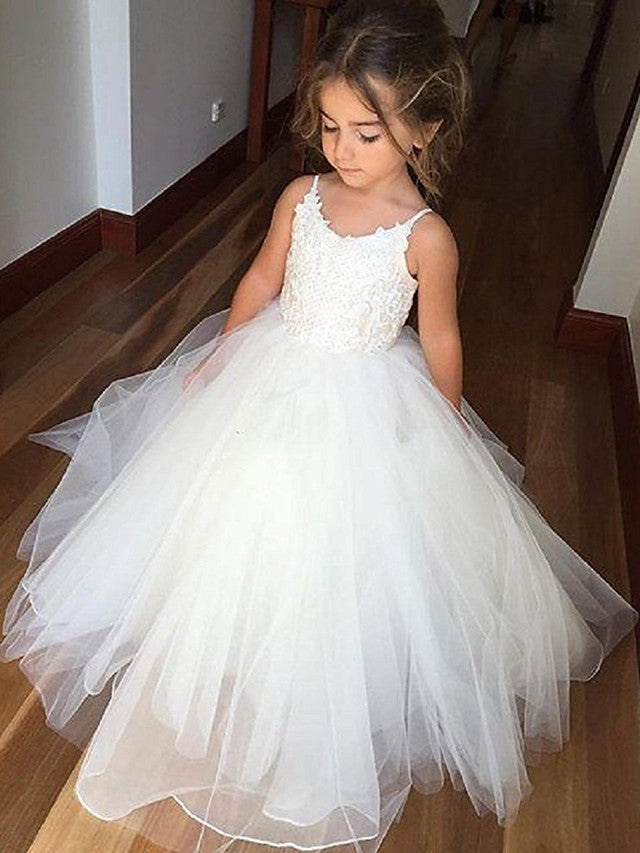 Sleeveless JewelPrincess Long Length Flower Girl Dress with Lace Appliques and Tulle