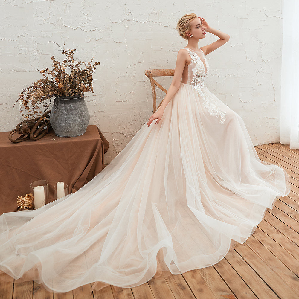 Delicate A-line Tulle Wedding Dress With Floral Lace and Bateau Open Back