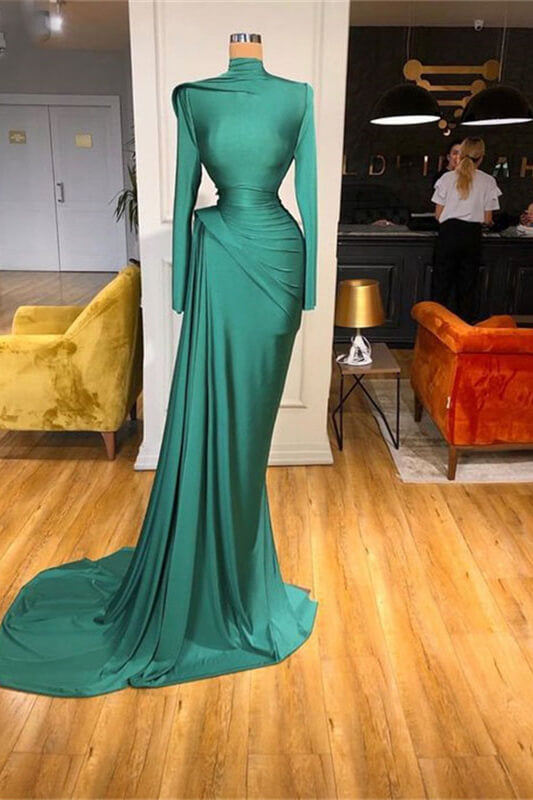 Elegant Long Sleeves Green High Neck Prom Dress Mermaid with Ruffle