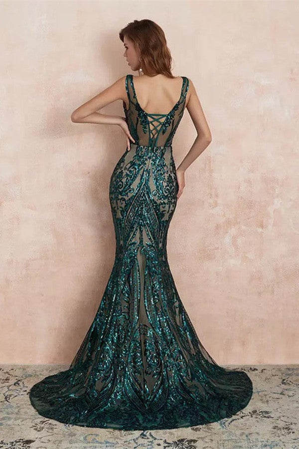 Dark Green V-Neck Sleeveless Evening Dress Mermaid with Sequins