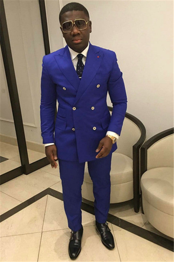 Royal Blue Designer Wedding Suits For Groom - Double Breasted Look