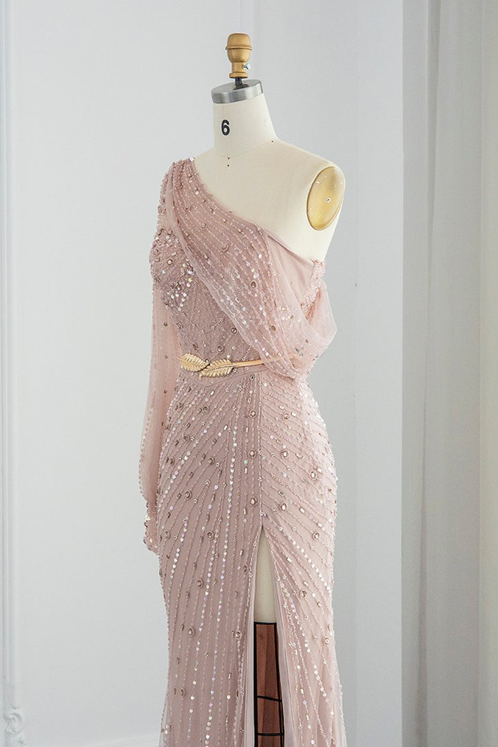 Pink Mermaid Evening Dress With Appliques & Seqiuns Side Split