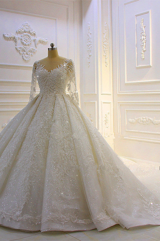 Luxury Beading Wedding Dress With Lace Appliques and Long Church Train Sleeves