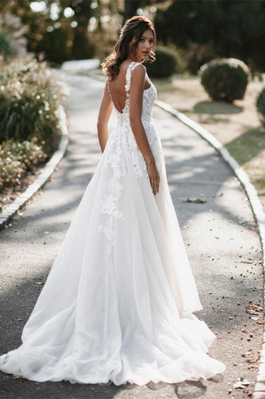 A-Line Lace Tulle Cap Sleeve Wedding Dress