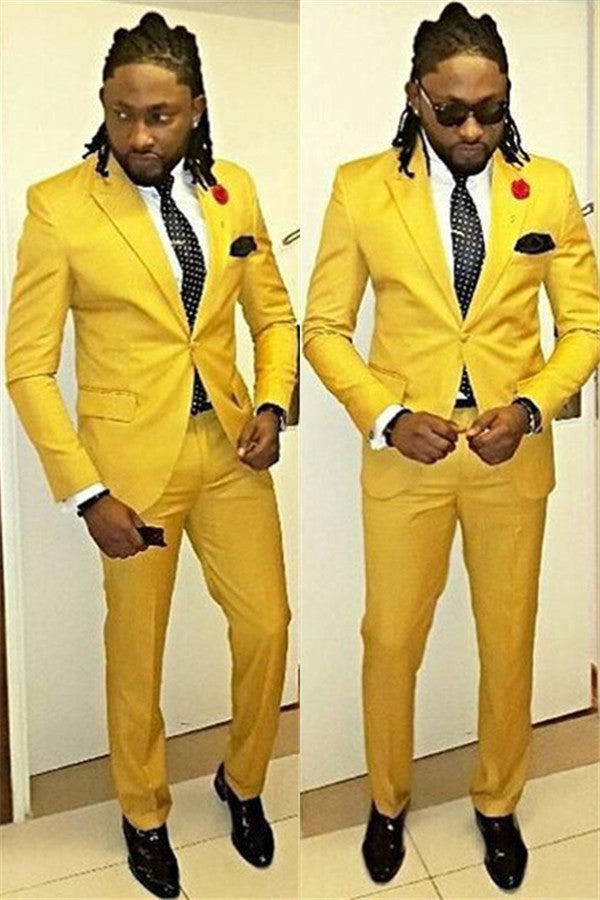 One Button Yellow Casual Prom Outfits for Guys with Peaked Lapel