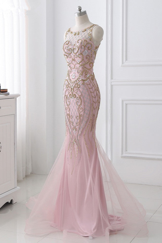 Pink Jewel Sleeveless Prom Dress Mermaid with Beadings and Rhinestone