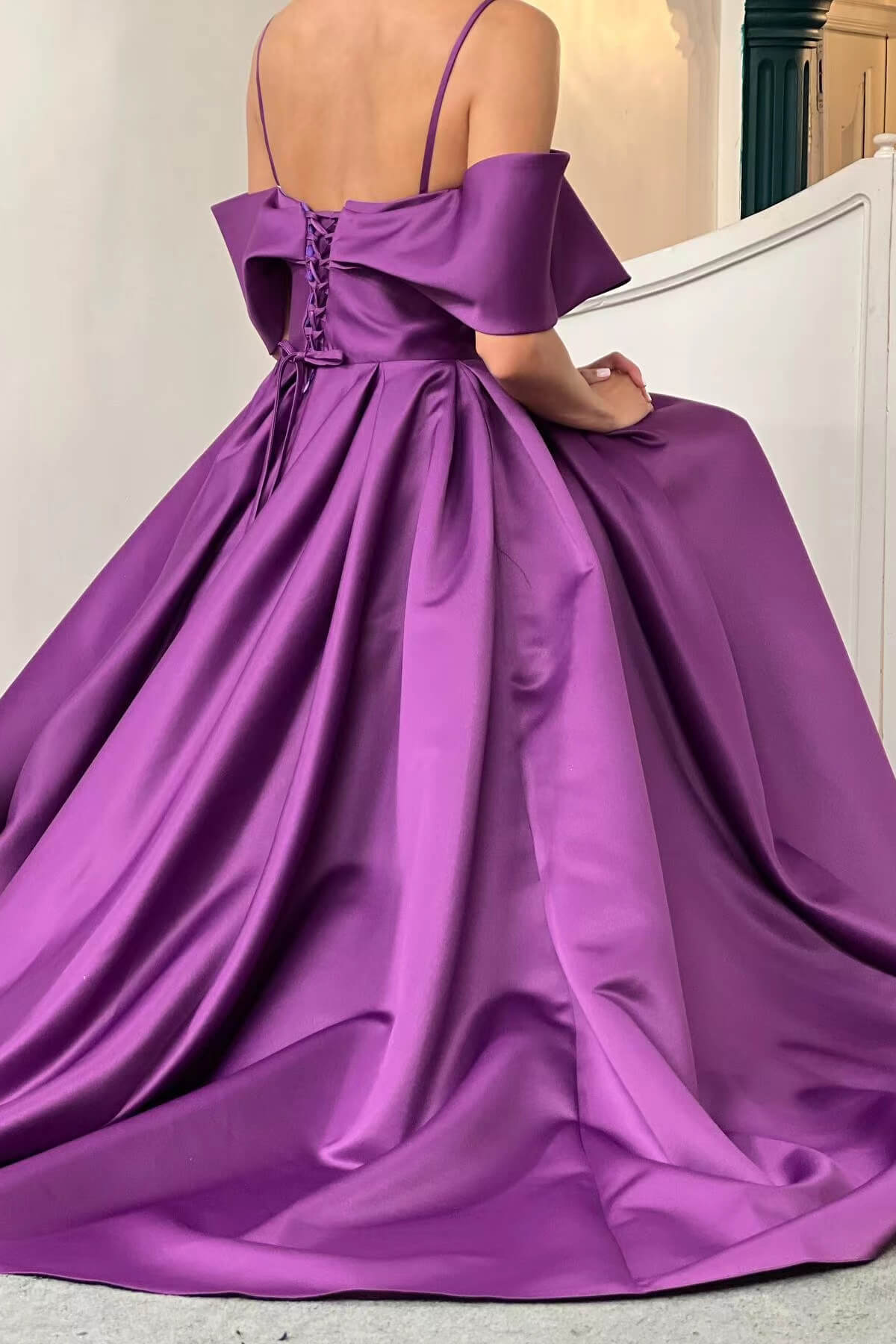 Elegant Purple Off-The-Shoulder Prom Dress A Line With Pockets