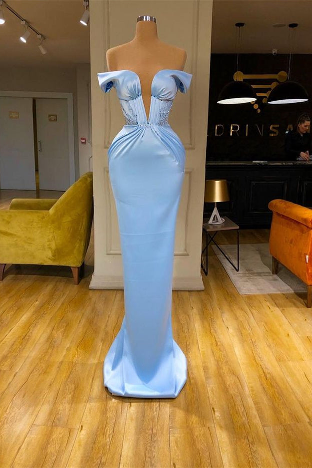 Sky Blue Mermaid V-Neck Off-The-Shoulder Prom Dress Online