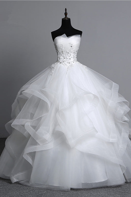 Gorgeous Long Ball Gown Strapless Wedding Dress with Tulle Layers and Appliques Beadings