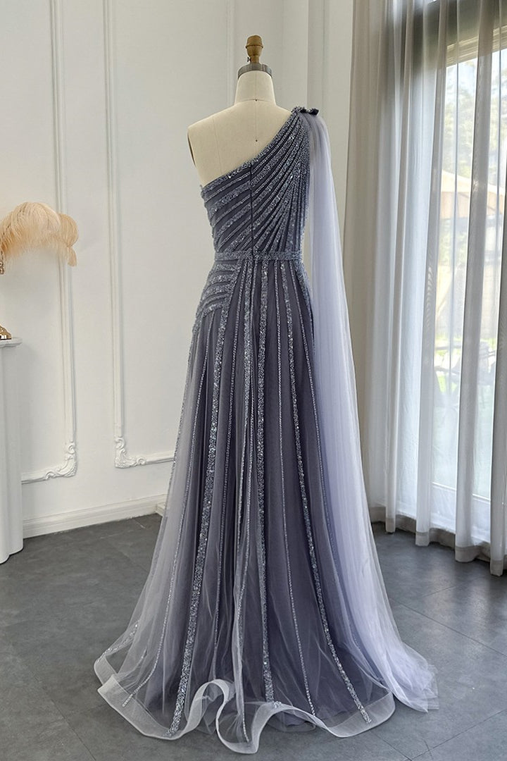 Stunning Gray One Shoulder A Line Prom Dress with Appliques and Ruffles