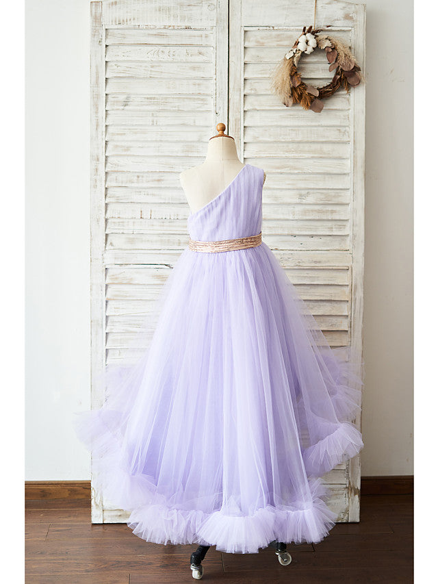 Stunning One Shoulder Ball Gown with Asymmetrical Flower Design for Girls