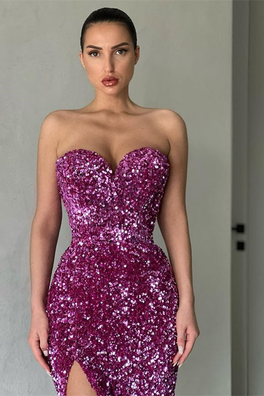 Purple Mermaid Evening Dress with Split - Sweetheart Sequins