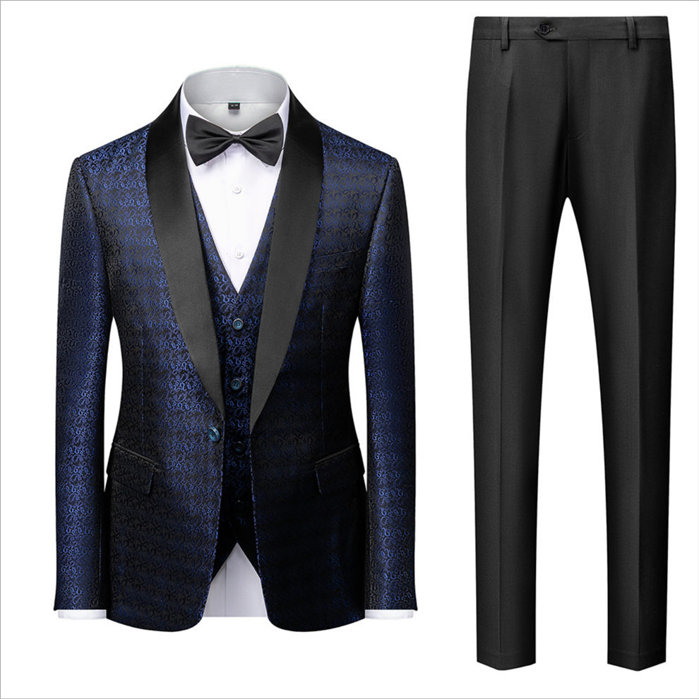 One-Button Dark Navy Blue Floral Jacquard Wedding Suit for Gentlemen