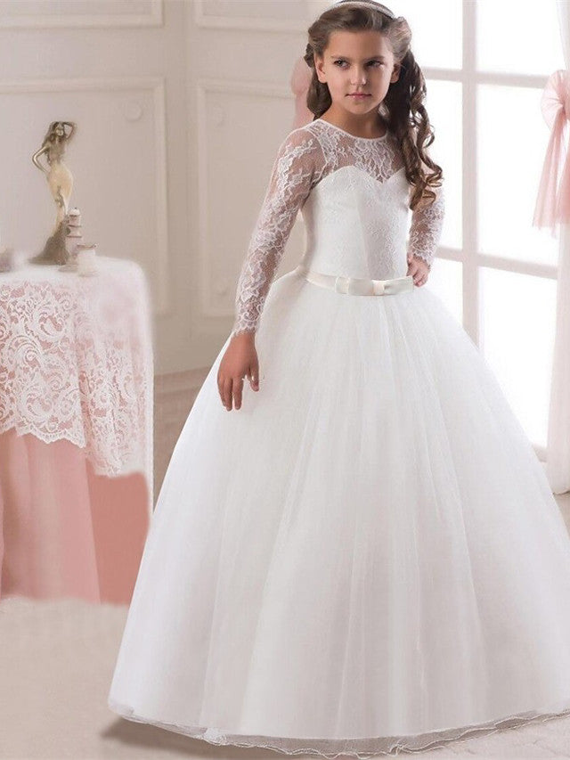 Long Sleeve Jewel Neck Lace Satin Tulle Flower Girl Dress with Lace Belt