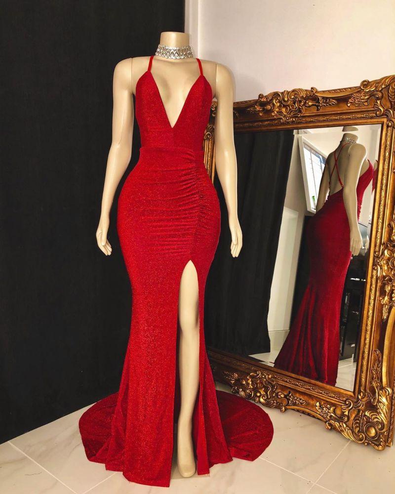 Sleeveless Red Halter Prom Dress with a Split