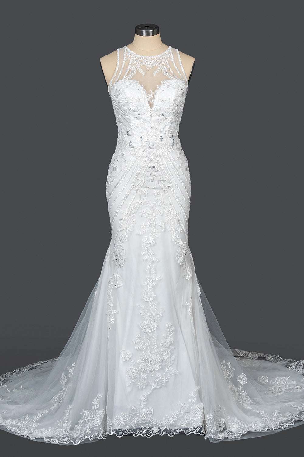 Mermaid Scoop Jewel Wedding Dress with Beadings Appliques