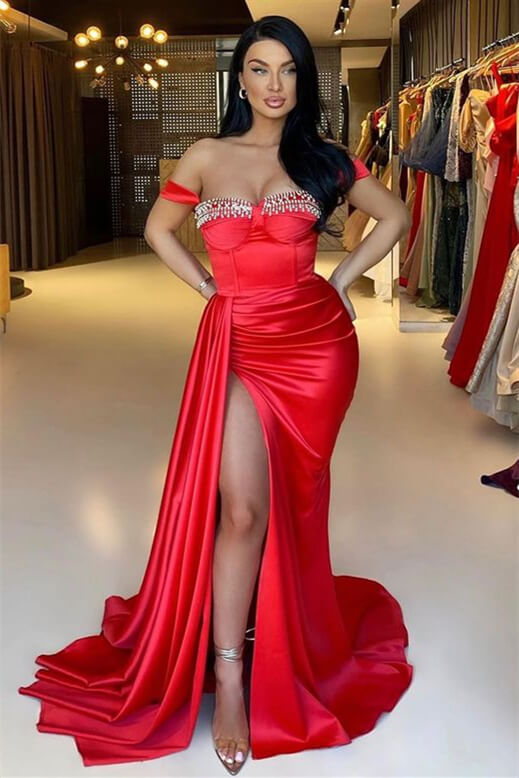 Mermaid Off-The-Shoulder Sweetheart Evening Dress with Beadings, Ruffles & Split Red