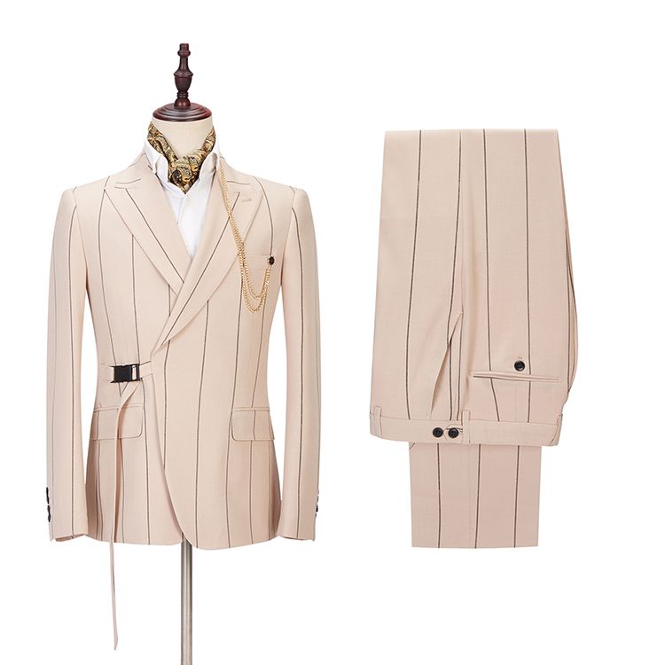 Morden Bespoke Light Champagne Suit w/ Striped Reception Peaked Lapel