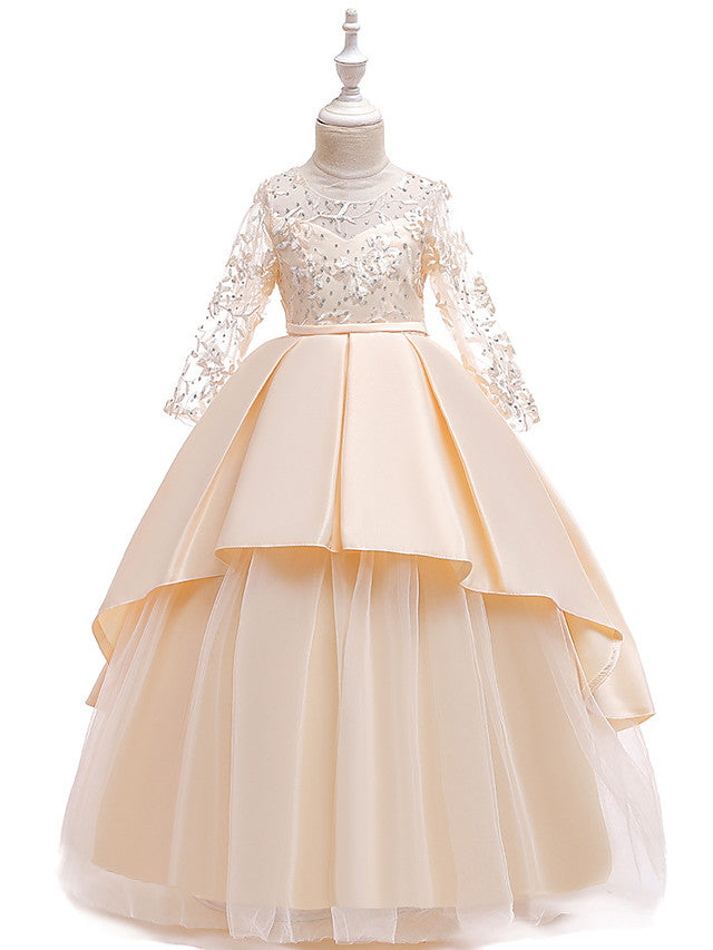 A-Line 3/4 Length Sleeve Jewel Neck Cotton Lace Ball Gown Flower Girl Dresses With Lace Sash Ribbon Pleats