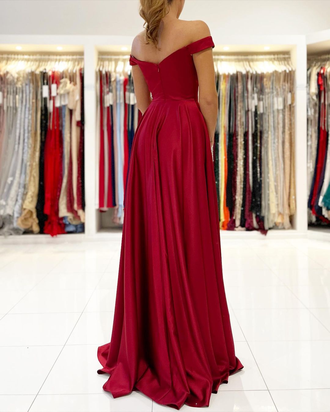 Burgundy Off-the-Shoulder Prom Dress with Slit