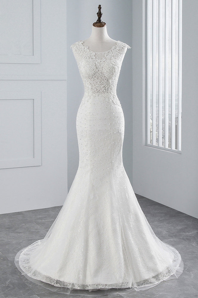 Glamorous Jewel Tulle Long Mermaid Wedding Dress With Appliques Lace