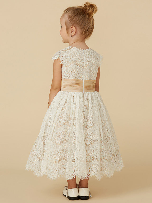 A-Line Tea Length Short Sleeve Jewel Neck Flower Girl Dresses with Lace Taffeta and Sash Ribbon Bow