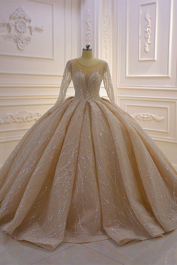 Gorgeous Bateau Long Sleeves Floor-length Ball Gown Wedding Dress with Ruffles