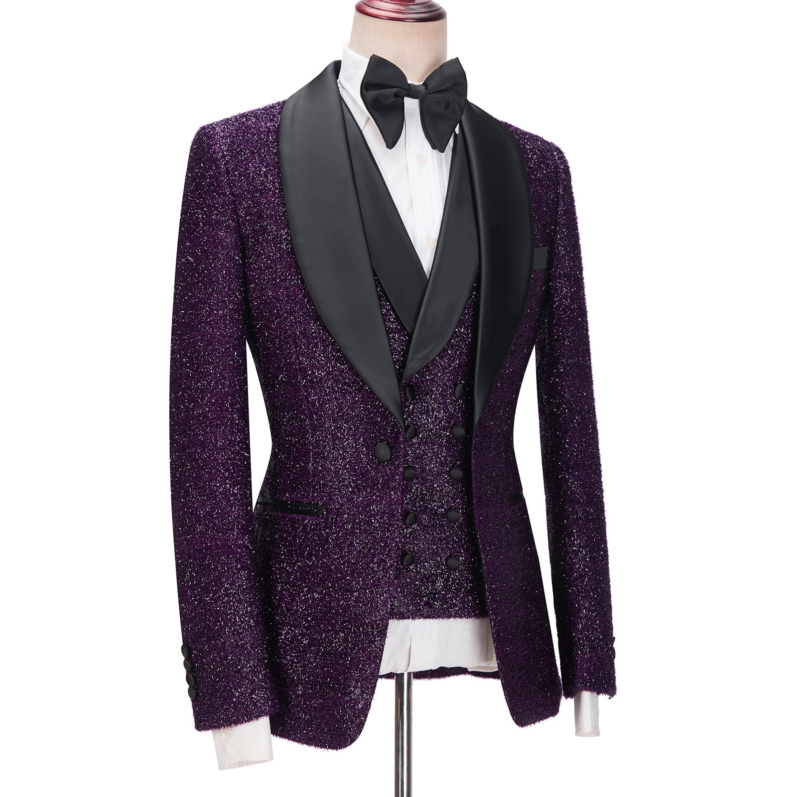 Caleb 3-Pieces Men Suits - Dark Purple Sparkle Shawl Lapel