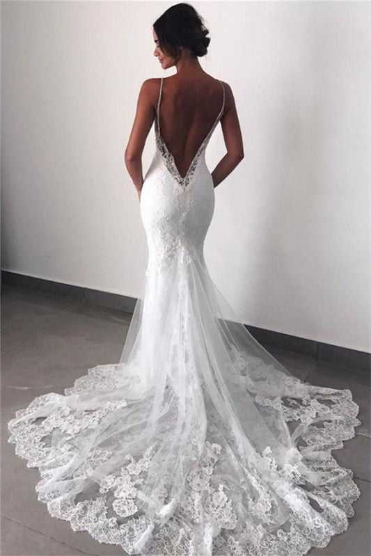 Glamorous Mermaid Lace Wedding Dress with Spaghetti-Straps and Appliques