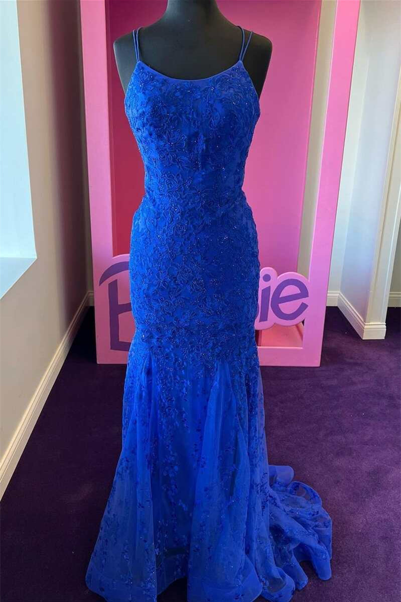 Royal Blue Mermaid Evening Dress With Appliques and Spaghetti-Straps Tulle