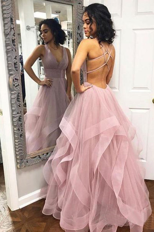 V-Neck Sleeveless Prom Dress with Tulle Ruffles