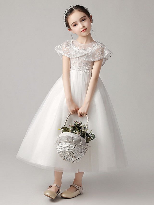 Short Sleeve Jewel Neck Flower Girl Dress With Lace