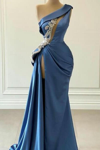 Gorgeous One Shoulder Blue Mermaid Prom Dress With Beaded Detail