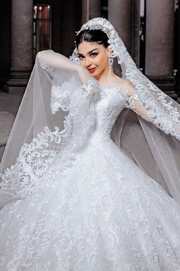 Princess Long Wedding Dress With Sleeves and Beads Appliques Tulle