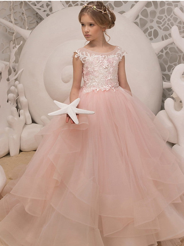 Flower Girl Dresses - Sleeveless Jewel Neck Ball Gown with Ruffles and Appliques